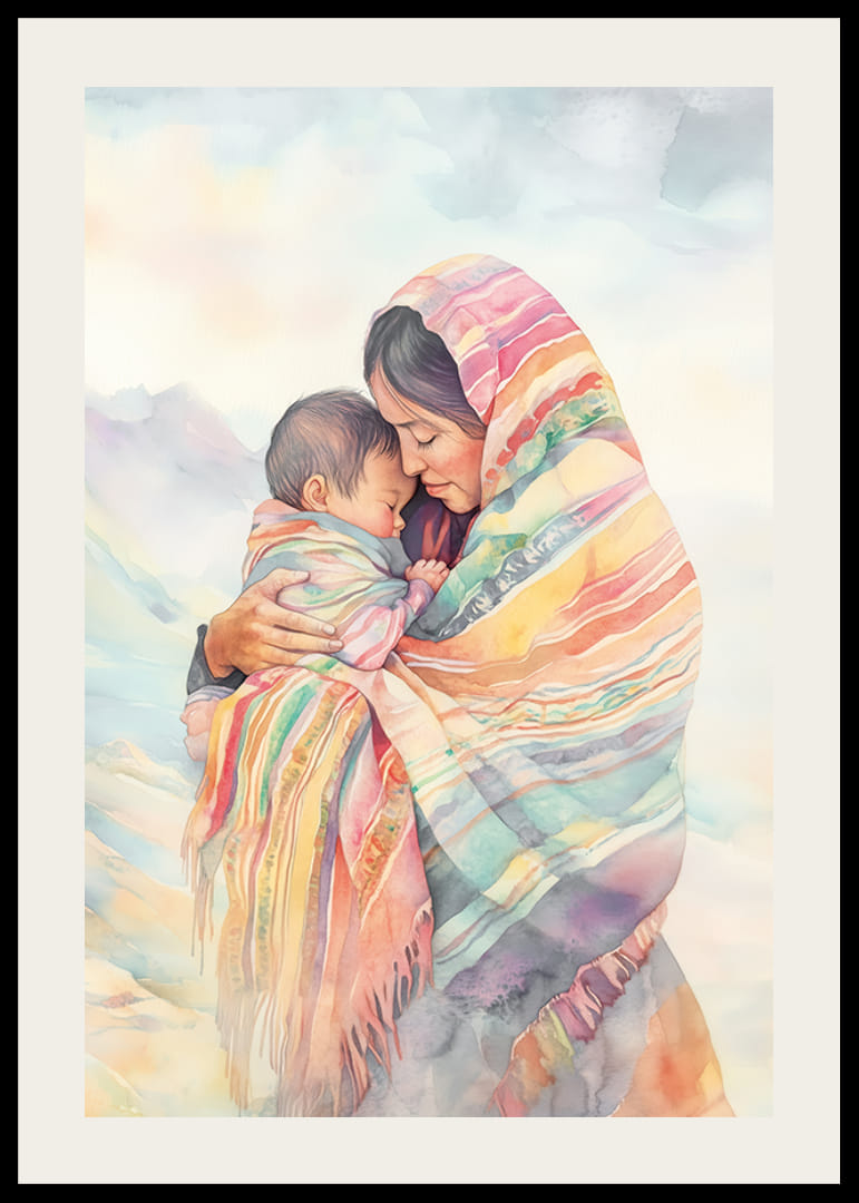 Plakat med et fargerikt akvarellmaleri av en mor med barnet sitt-12