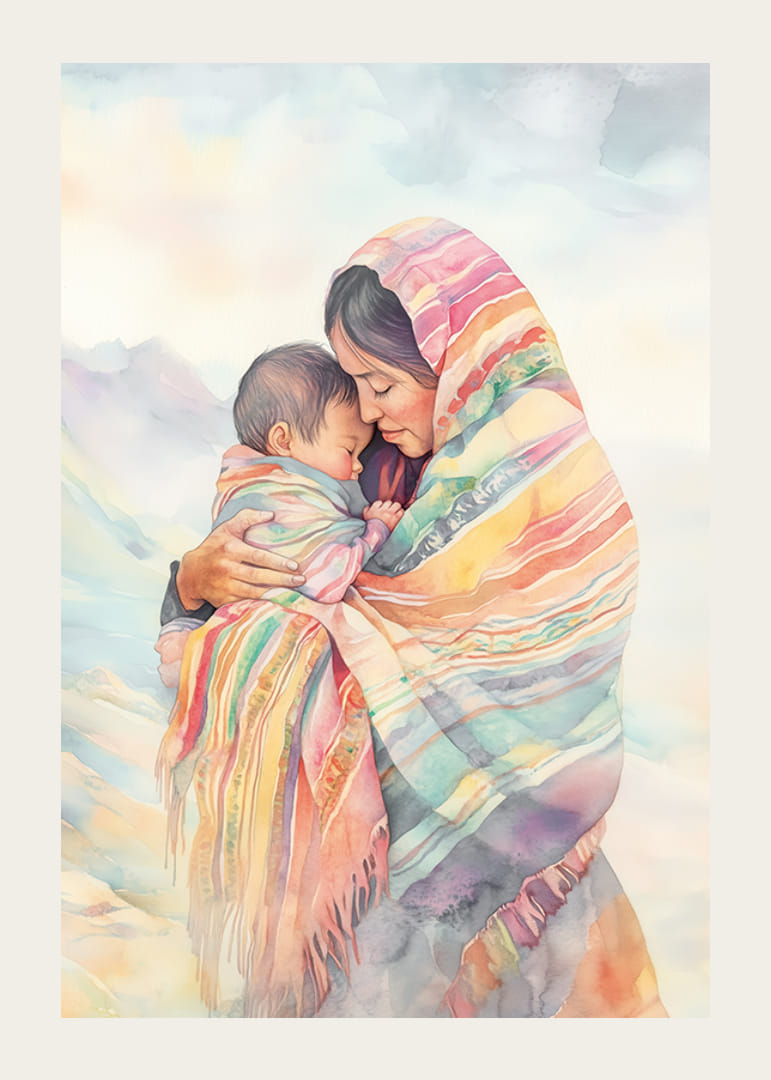 Plakat med et fargerikt akvarellmaleri av en mor med barnet sitt-12
