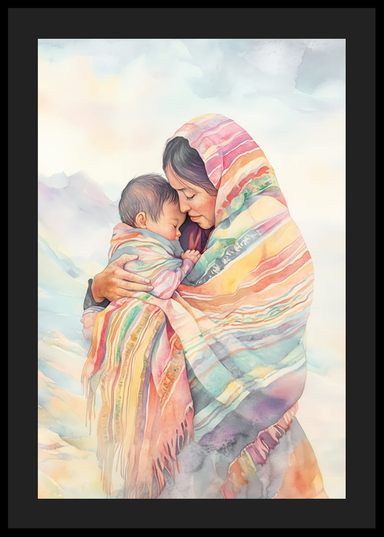 Plakat med et fargerikt akvarellmaleri av en mor med barnet sitt-12