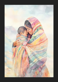 Plakat med et fargerikt akvarellmaleri av en mor med barnet sitt-5