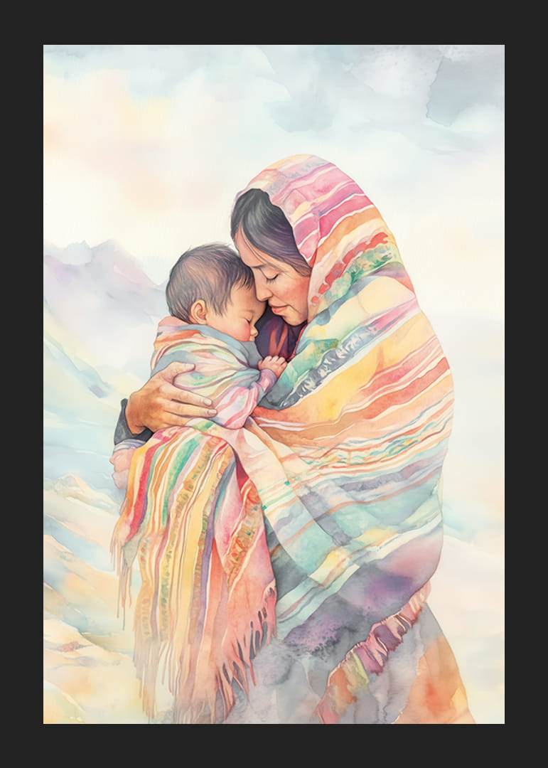 Plakat med et fargerikt akvarellmaleri av en mor med barnet sitt-12