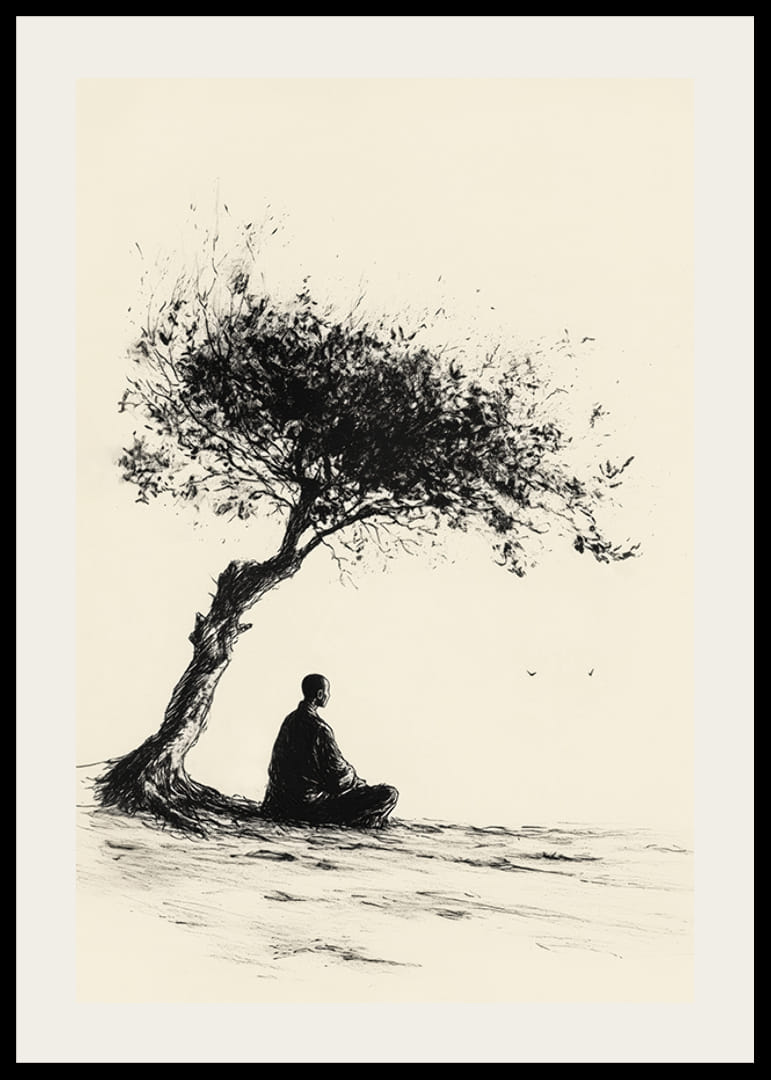 Poster with a motif that captures a meditative moment under a lonely tree-12