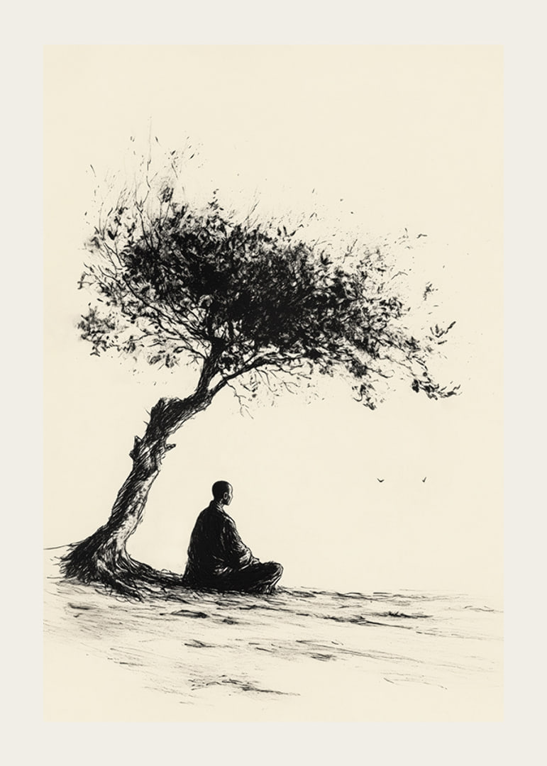 Poster with a motif that captures a meditative moment under a lonely tree-12