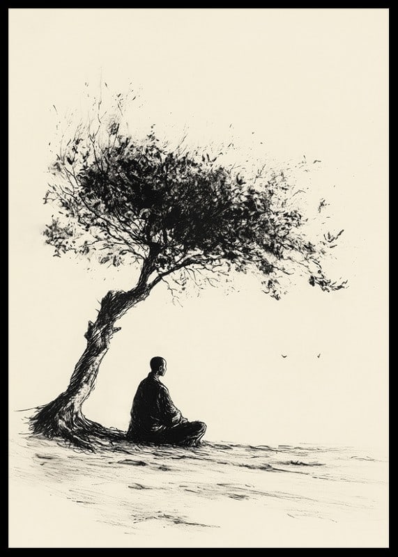 Poster with a motif that captures a meditative moment under a lonely tree-12