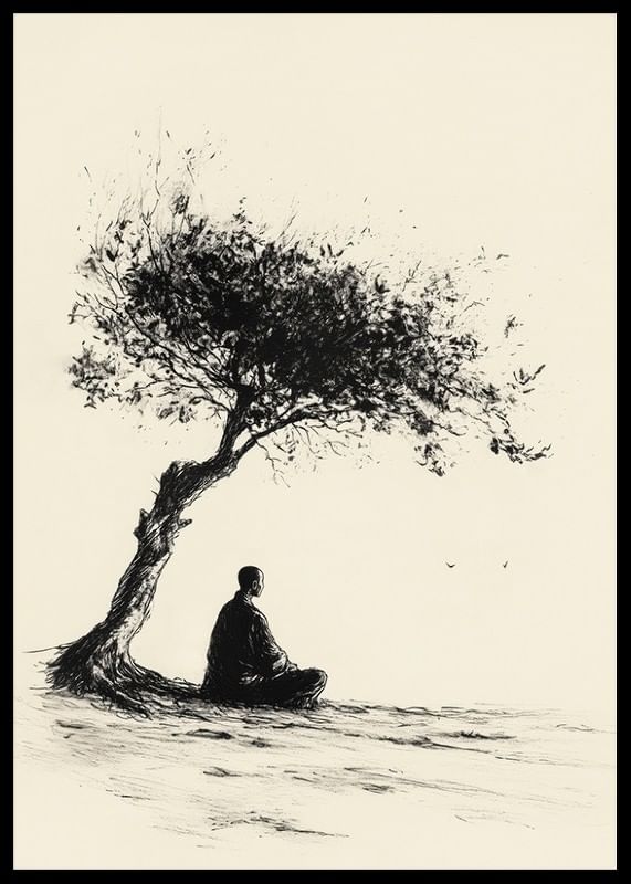 Poster cu un motiv care surprinde un moment de meditație sub un copac singuratic-12