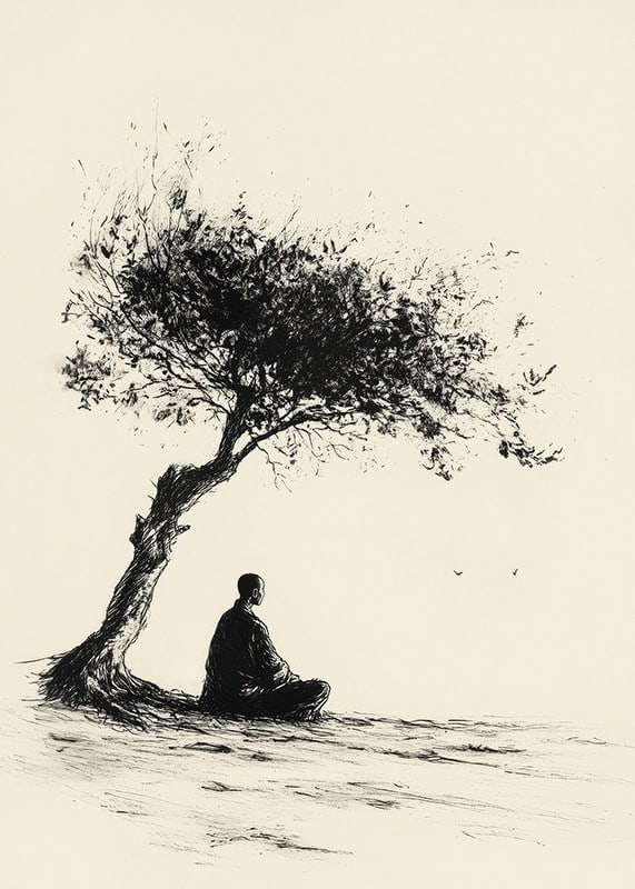 Poster with a motif that captures a meditative moment under a lonely tree-12