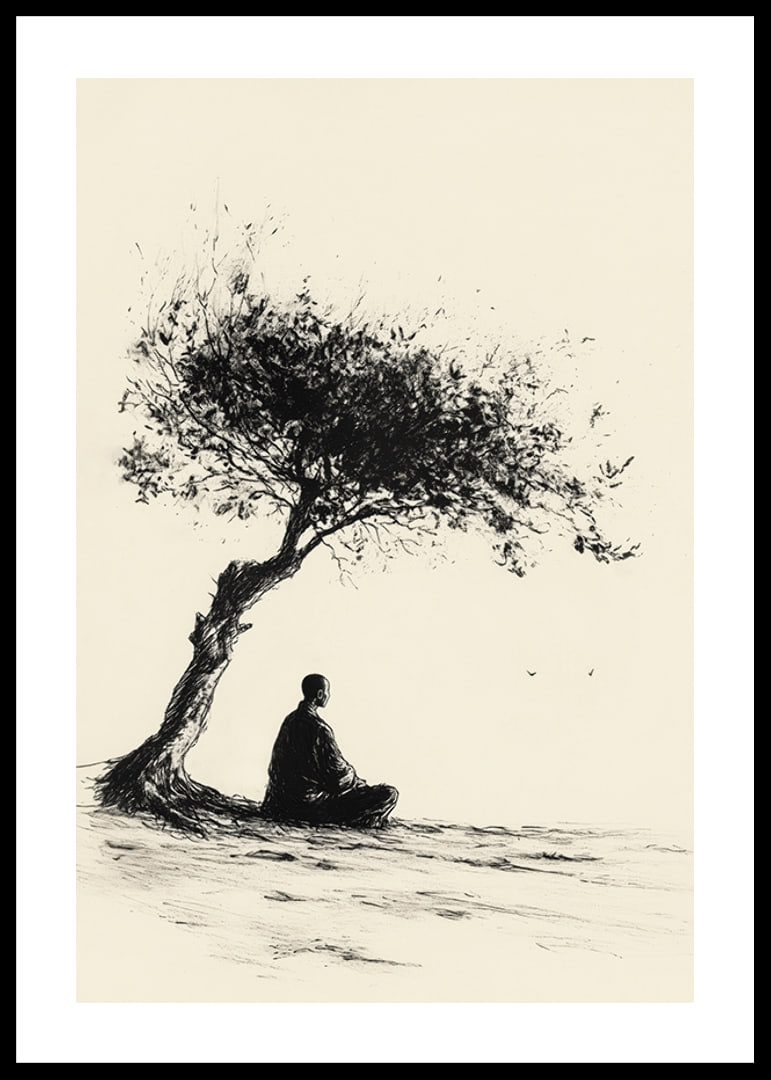 Poster with a motif that captures a meditative moment under a lonely tree-12