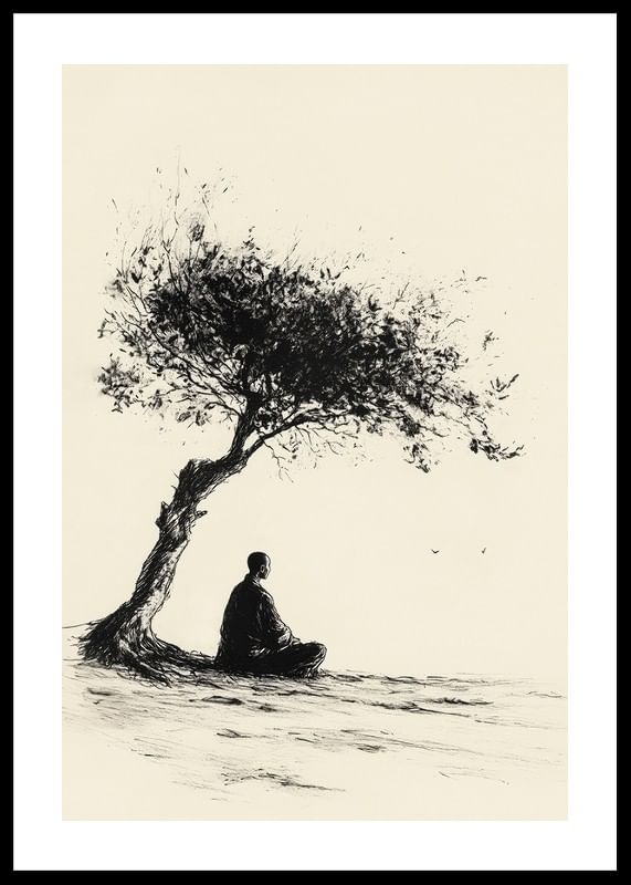 Poster cu un motiv care surprinde un moment de meditație sub un copac singuratic-12