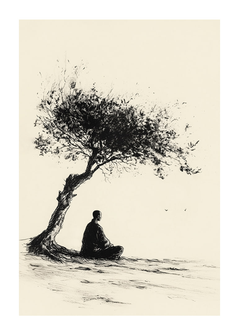Poster with a motif that captures a meditative moment under a lonely tree-12