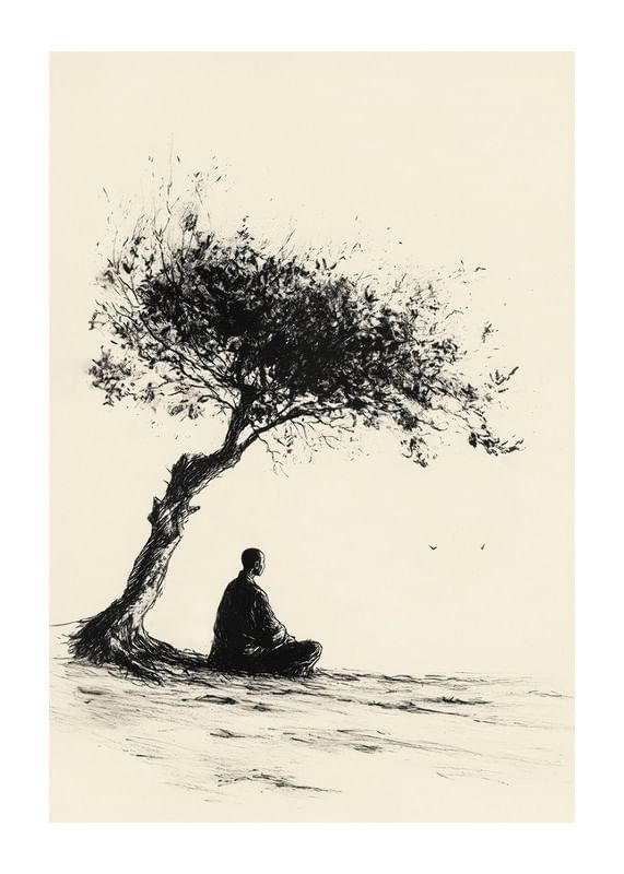 Poster cu un motiv care surprinde un moment de meditație sub un copac singuratic-12