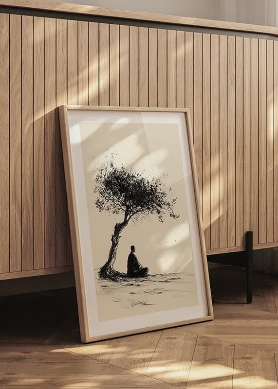 Poster cu un motiv care surprinde un moment de meditație sub un copac singuratic-12