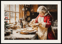 Nostalgický vianočný plagát s pani Clausovou, ktorá pečie v útulnej zimnej kuchyni.-2