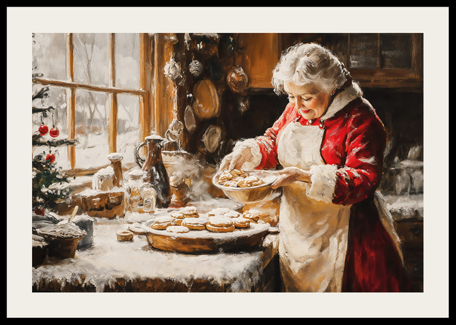 Nostalgický vianočný plagát s pani Clausovou, ktorá pečie v útulnej zimnej kuchyni.-12