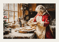 En nostalgisk juleplakat med fru Claus som baker på et koselig, vinterlig kjøkken.-3