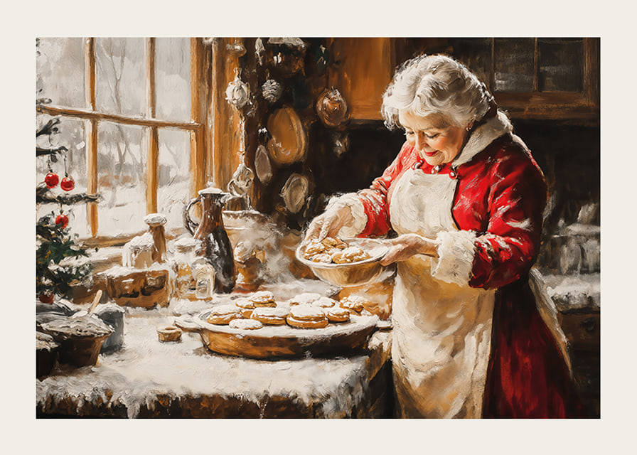En nostalgisk juleplakat med fru Claus som baker på et koselig, vinterlig kjøkken.-12