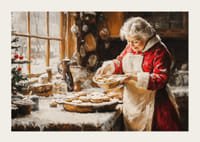 Nostalgický vianočný plagát s pani Clausovou, ktorá pečie v útulnej zimnej kuchyni.-3