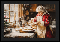 Nostalgický vianočný plagát s pani Clausovou, ktorá pečie v útulnej zimnej kuchyni.-4