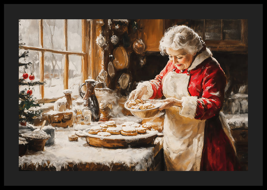 Nostalgický vianočný plagát s pani Clausovou, ktorá pečie v útulnej zimnej kuchyni.-12