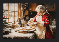 En nostalgisk juleplakat med fru Claus som baker på et koselig, vinterlig kjøkken.-5