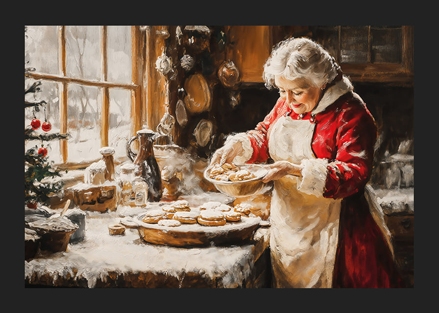En nostalgisk juleplakat med fru Claus som baker på et koselig, vinterlig kjøkken.-12