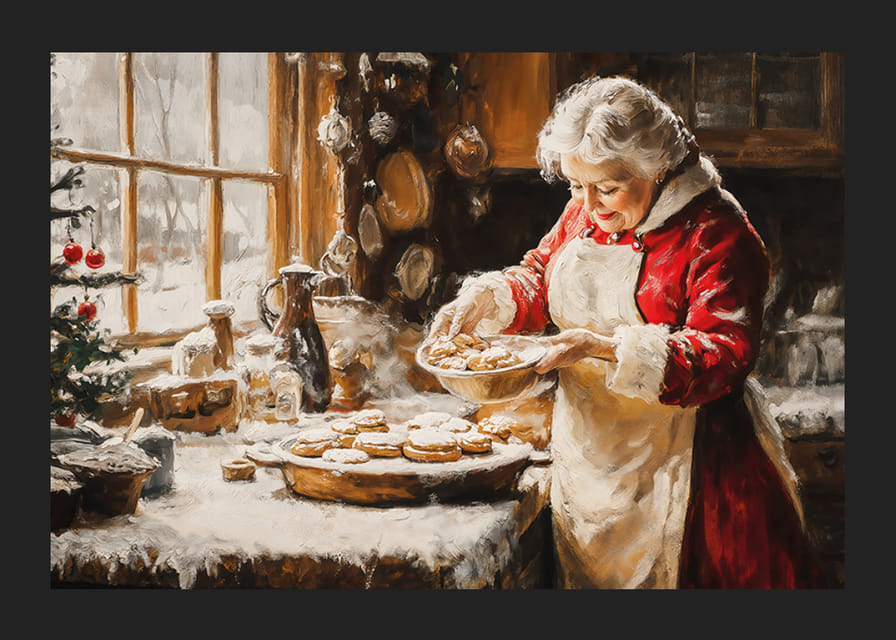 Nostalgický vianočný plagát s pani Clausovou, ktorá pečie v útulnej zimnej kuchyni.-12