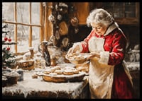 En nostalgisk juleplakat med fru Claus som baker på et koselig, vinterlig kjøkken.-6