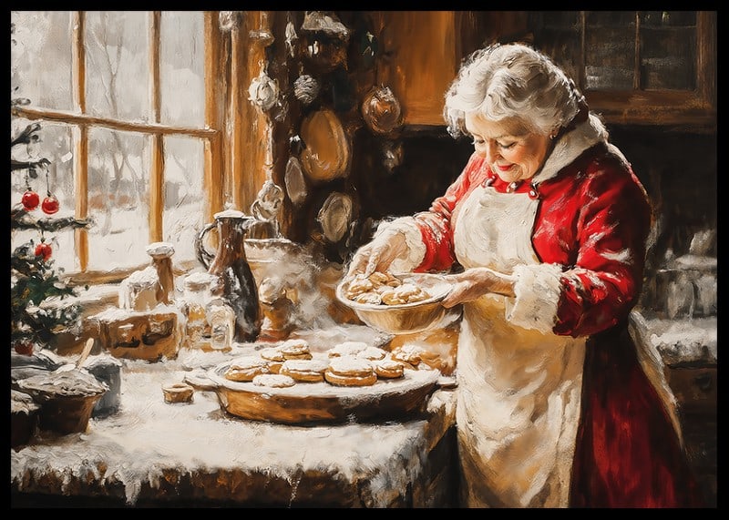 En nostalgisk juleplakat med fru Claus som baker på et koselig, vinterlig kjøkken.-12