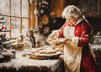 En nostalgisk juleplakat med fru Claus som baker på et koselig, vinterlig kjøkken.-7