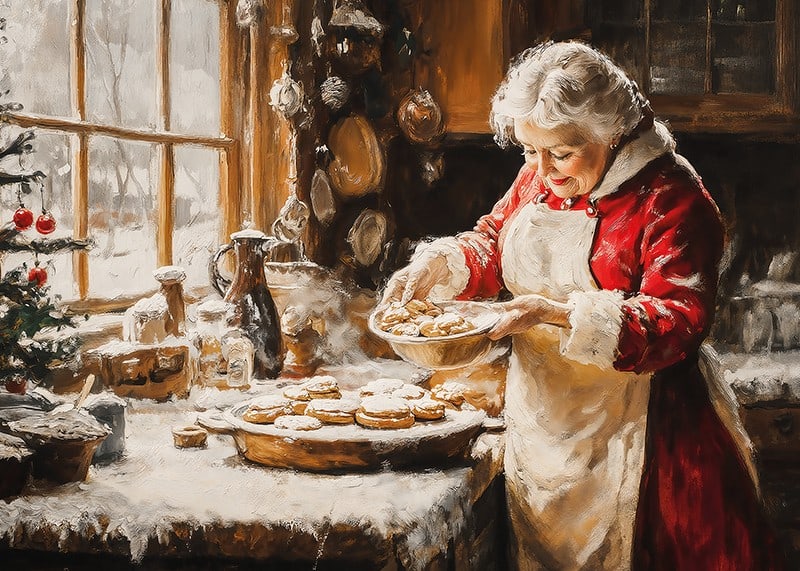 En nostalgisk juleplakat med fru Claus som baker på et koselig, vinterlig kjøkken.-12