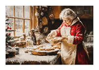 En nostalgisk juleplakat med fru Claus som baker på et koselig, vinterlig kjøkken.-1