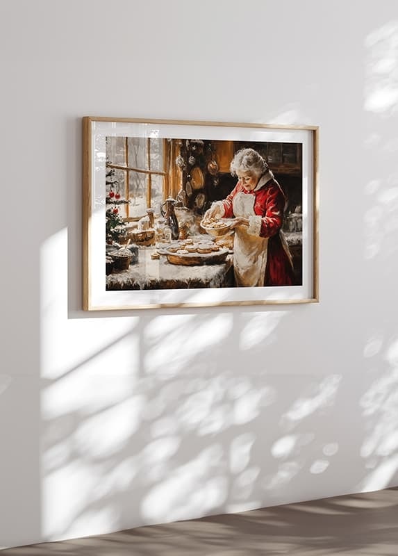 En nostalgisk juleplakat med fru Claus som baker på et koselig, vinterlig kjøkken.-12