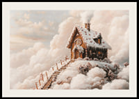 A magical winter poster with a fairy-tale gingerbread house on a cloud-covered mountain.-2