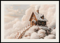 En magisk vinterplakat med et eventyrlig pepperkakehus på et skydekt fjell.-2