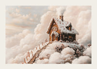 A magical winter poster with a fairy-tale gingerbread house on a cloud-covered mountain.-3