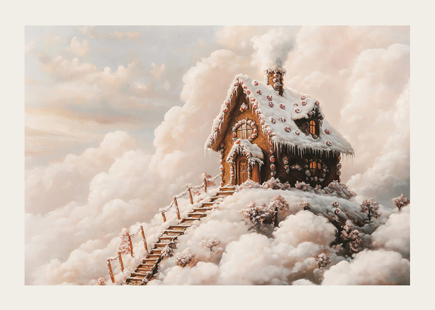En magisk vinterplakat med et eventyrlig pepperkakehus på et skydekt fjell.-12