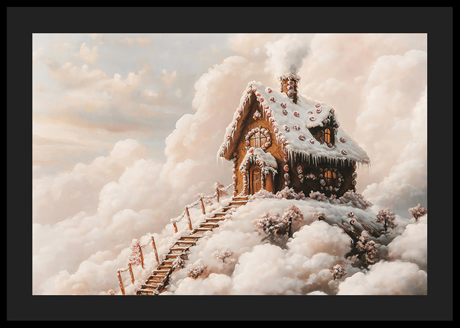 A magical winter poster with a fairy-tale gingerbread house on a cloud-covered mountain.-12