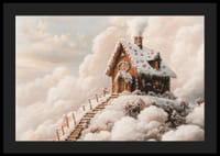 En magisk vinterplakat med et eventyrlig pepperkakehus på et skydekt fjell.-4