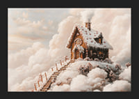 A magical winter poster with a fairy-tale gingerbread house on a cloud-covered mountain.-5