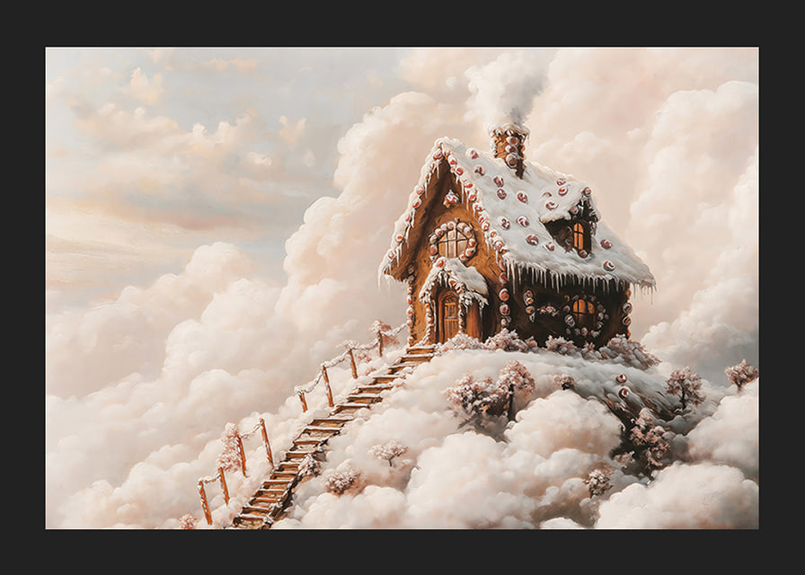 A magical winter poster with a fairy-tale gingerbread house on a cloud-covered mountain.-12