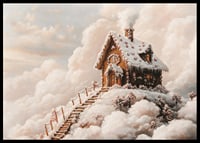 A magical winter poster with a fairy-tale gingerbread house on a cloud-covered mountain.-6