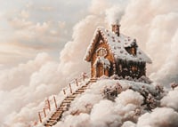 A magical winter poster with a fairy-tale gingerbread house on a cloud-covered mountain.-7