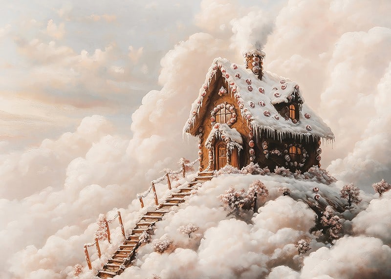 A magical winter poster with a fairy-tale gingerbread house on a cloud-covered mountain.-12