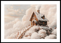 A magical winter poster with a fairy-tale gingerbread house on a cloud-covered mountain.-0