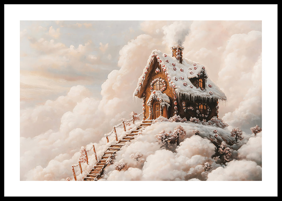 A magical winter poster with a fairy-tale gingerbread house on a cloud-covered mountain.-12
