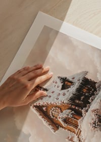 A magical winter poster with a fairy-tale gingerbread house on a cloud-covered mountain.-9