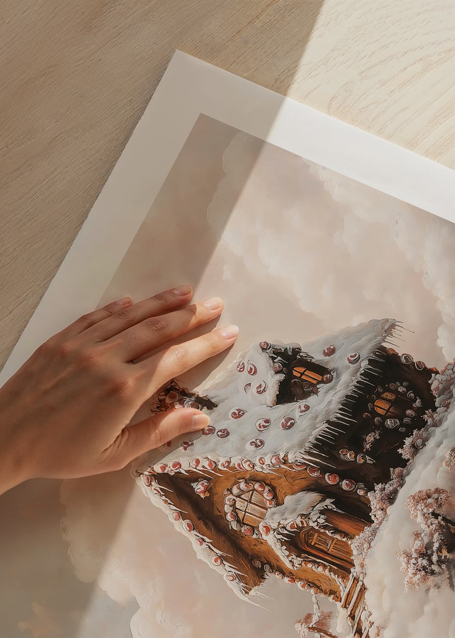 A magical winter poster with a fairy-tale gingerbread house on a cloud-covered mountain.-12