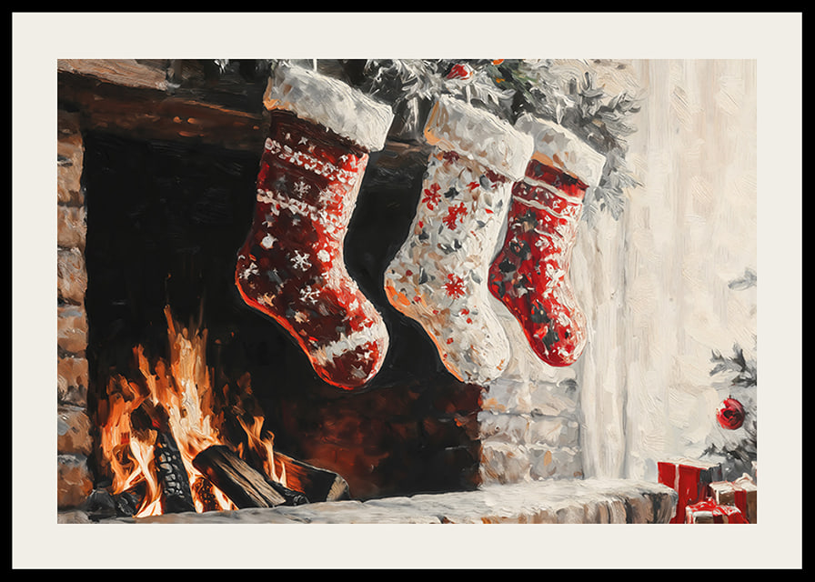 A Christmas poster with decorated Christmas stockings hanging over a cozy crackling fire-12