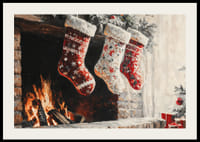 En juleplakat med pyntede julestrømper hengende over et koselig knitrende bål-2