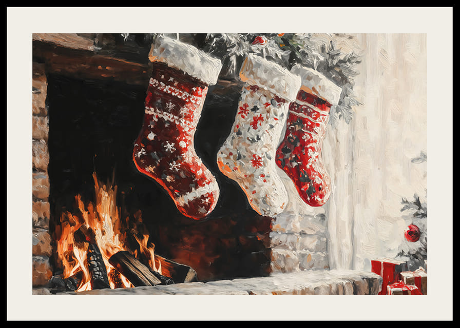 En juleplakat med pyntede julestrømper hengende over et koselig knitrende bål-12