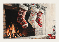 A Christmas poster with decorated Christmas stockings hanging over a cozy crackling fire-3